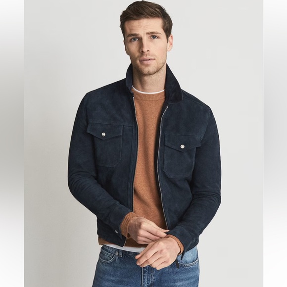 Reiss Suede Zip Through Trucker Jacket Black - Picture 2 of 15